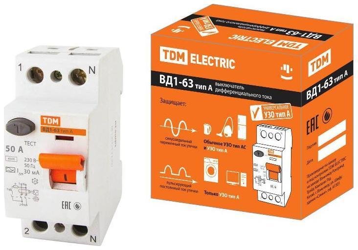 TDM electric SQ0203-0079 Выключатель дифференциальный (УЗО) ВД1-63 2п 50А 30мА тип A