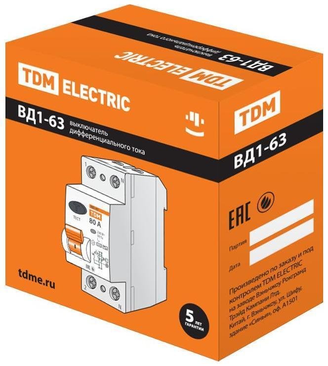 TDM electric SQ0203-0022 Выключатель дифференциальный (УЗО) ВД1-63 2п 80А 30мА тип AC
