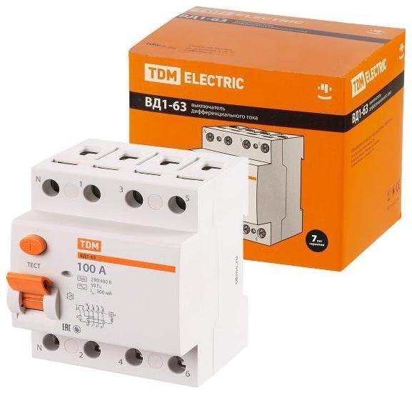 TDM electric SQ0203-0049 Выключатель дифференциальный (УЗО) ВД1-63 4п 100А 300мА тип AC