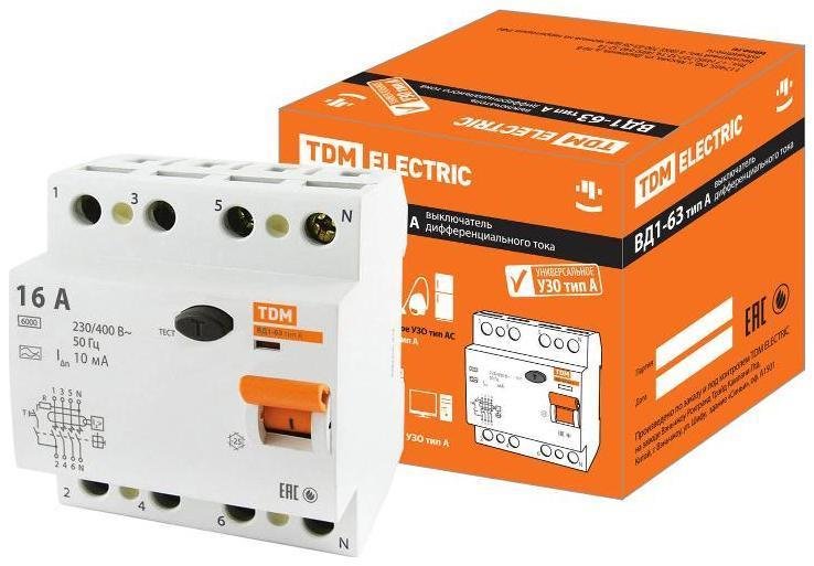 TDM electric SQ0203-0082 Выключатель дифференциальный (УЗО) ВД1-63 4п 16А 10мА тип A