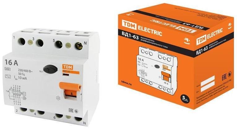 TDM electric SQ0203-0026 Выключатель дифференциальный (УЗО) ВД1-63 4п 16А 10мА тип AC