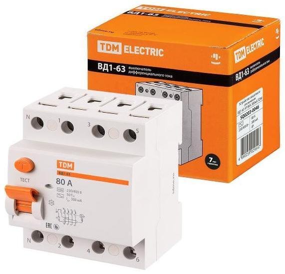 TDM electric SQ0203-0046 Выключатель дифференциальный (УЗО) ВД1-63 4п 80А 300мА тип AC