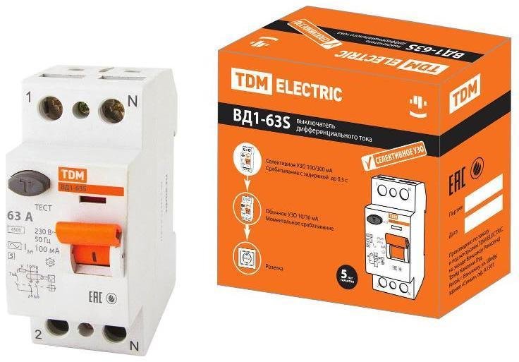 TDM electric SQ0203-0060 Выключатель дифференциальный (УЗО) ВД1-63S 2п 63А 100мА тип AC