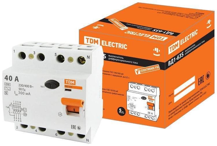TDM electric SQ0203-0069 Выключатель дифференциальный (УЗО) ВД1-63S 4п 40А 300мА тип AC
