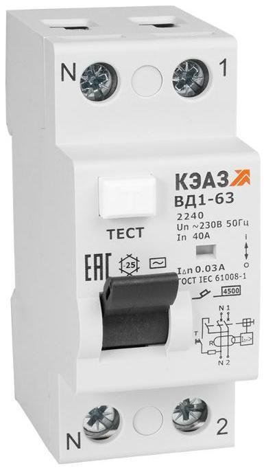 КЭАЗ 221901 Выключатель дифференциальный (УЗО) ВД1-63-2125-АС-УХЛ4 2п 25А 10мА тип AC
