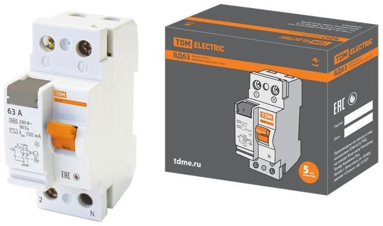 TDM electric SQ0220-0023 Выключатель дифференциальный (УЗО) ВД63 2Р 63А 100мА (электронное)