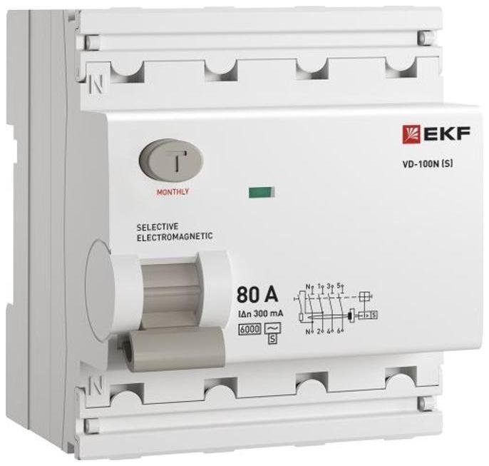 EKF E1046MS80300 Выключатель дифференциального тока ВД-100N (S) 4п 80А 300мА (тип АС, эл-мех) 6кА PROximа