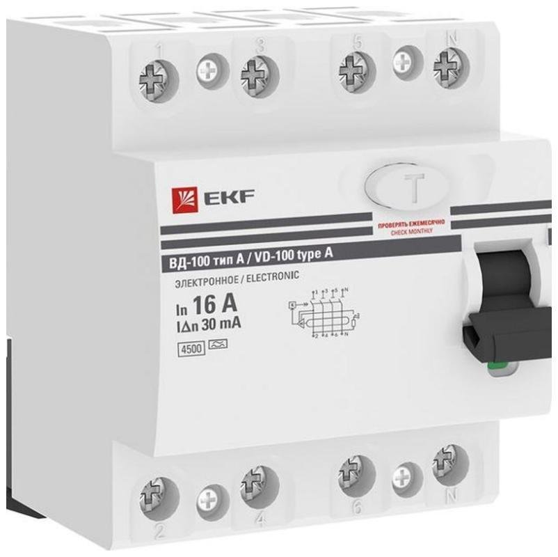 EKF elcb-4-16-30-em-a-pro Выключатель дифференциальный (УЗО) ВД-100 4п 16А 30мА (тип А, эл-мех) PROximа