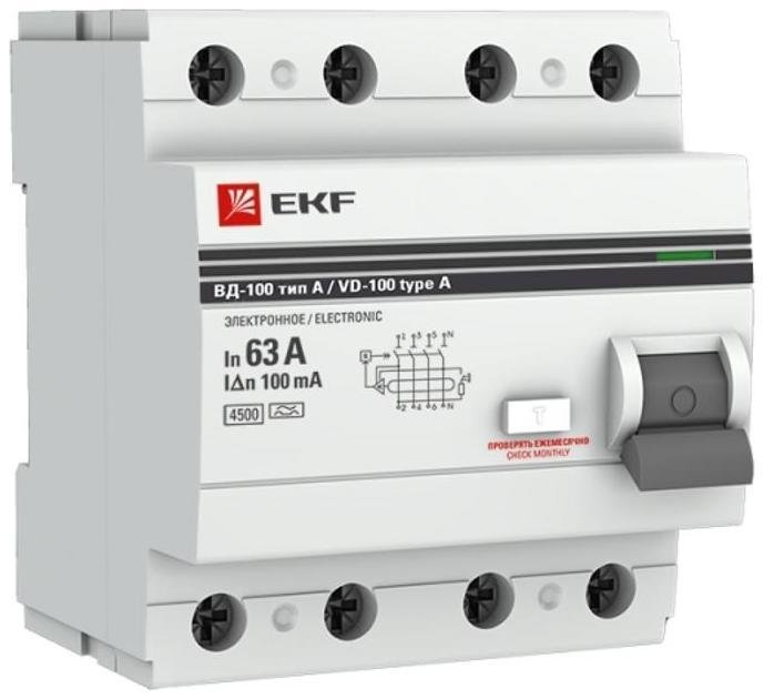 EKF elcb-4-63-100-e-a-pro Выключатель дифференциальный (УЗО) ВД-100 4п 63А 100мА (тип А, электронный) PROximа [в упаковке 16, цена за 1 шт]