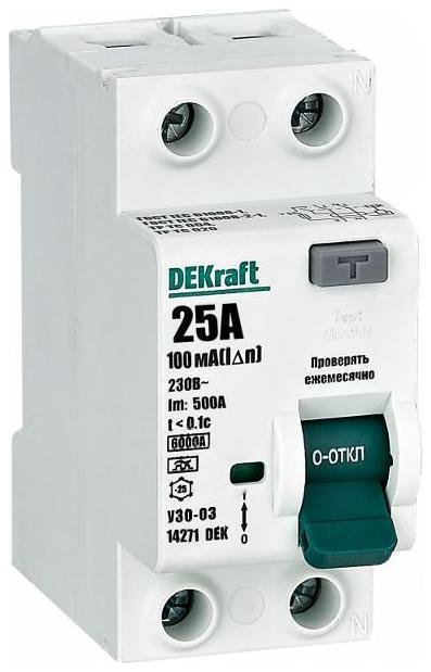 DEKraft 14271DEK Выключатель дифференциальный (УЗО) УЗО-03 2п 25А 100мА тип A 6кА