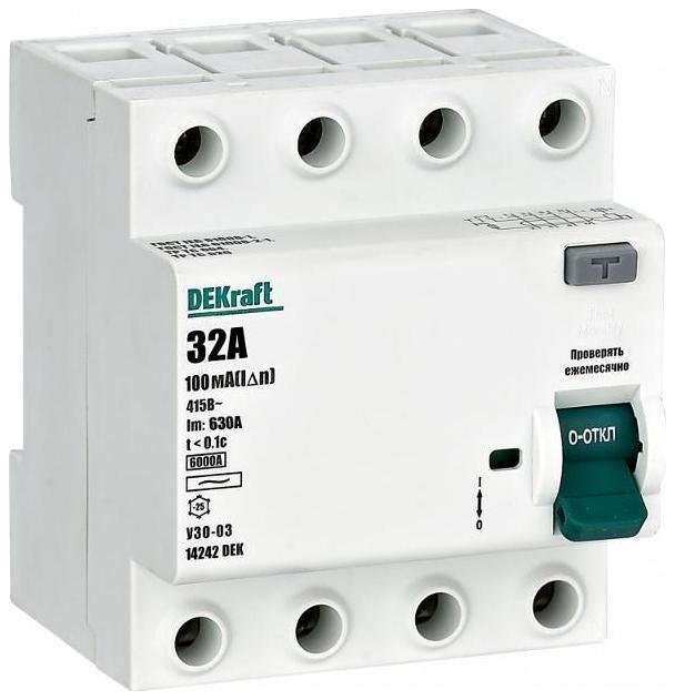 DEKraft 14242DEK Выключатель дифференциальный (УЗО) УЗО-03 4п 32А 100мА тип AC 6кА