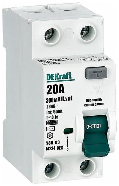 DEKraft 14224DEK Выключатель дифференциальный (УЗО) УЗО-03 2п 20А 300мА тип AC 6кА