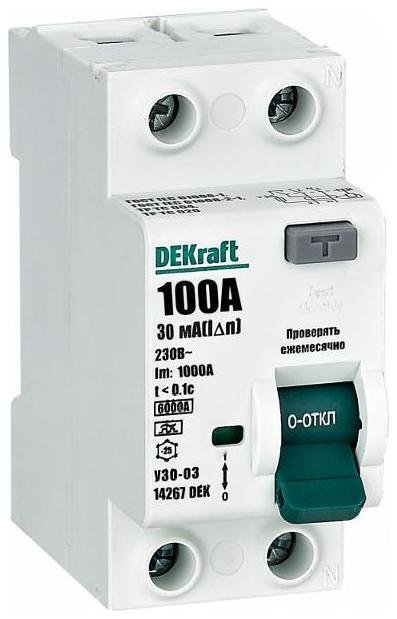 DEKraft 14267DEK Выключатель дифференциальный (УЗО) УЗО-03 2п 100A 30мА тип A 6кА