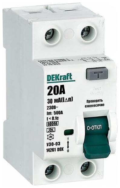 DEKraft 14261DEK Выключатель дифференциальный (УЗО) УЗО-03 2п 20А 30мА тип A 6кА