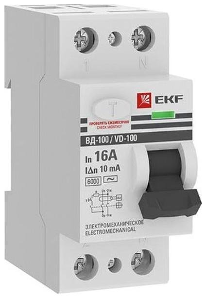 EKF elcb-2-6-16-10-em-pro Выключатель дифференциальный (УЗО) ВД-100 2п 16А 10мА (тип АС, эл-мех) 6кА PROximа