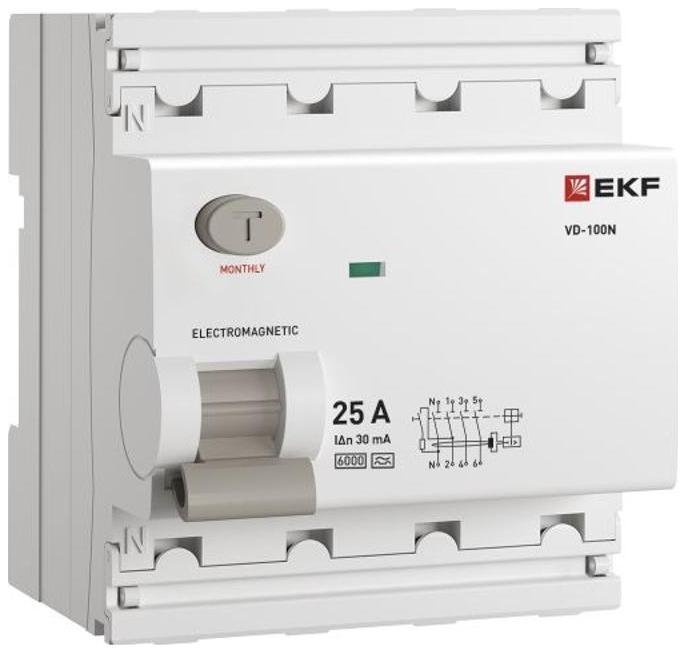 EKF E1046MA2530 Выключатель дифференциального тока (УЗО) ВД-100N 4P 25А 30мА тип A эл-мех 6кА PROXIMA