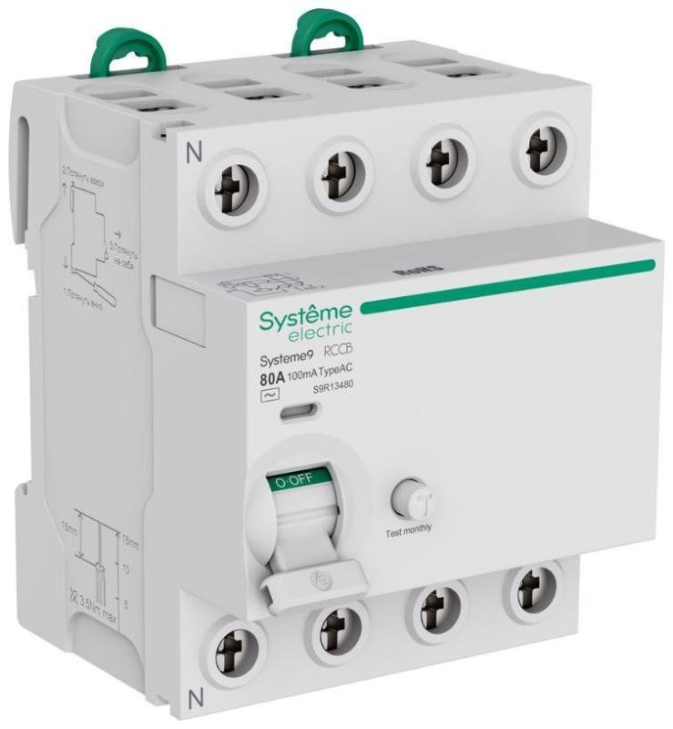 Systeme Electric S9R13480 Systeme9 Выключатель дифференциального тока (ВДТ) 80A 4P 100мА Тип-AC 400В