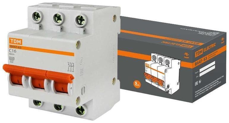 TDM electric SQ0218-0019 Выключатель автоматический трехполюсный ВА47-63 16А C 4,5кА [в упаковке 4, цена за 1 шт]