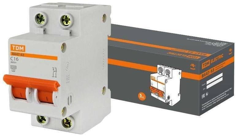 TDM electric SQ0218-0011 Выключатель автоматический двухполюсный ВА47-63 16А C 4,5кА [в упаковке 6, цена за 1 шт]