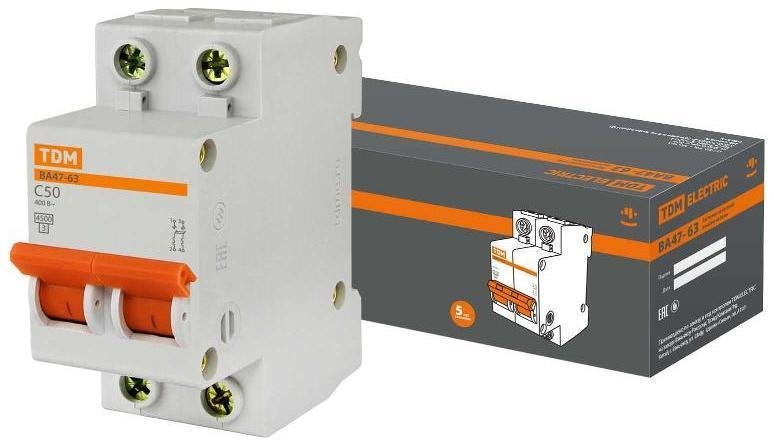TDM electric SQ0218-0015 Выключатель автоматический двухполюсный ВА47-63 50А C 4,5кА [в упаковке 6, цена за 1 шт]
