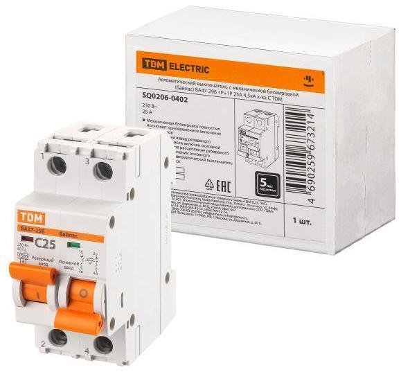TDM electric SQ0206-0402 Выключатель автоматический с механической блокировкой (байпас) ВА47-29Б 1Р+1Р 25А 4,5кА х-ка C