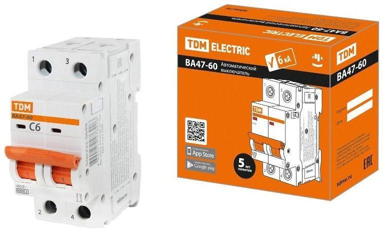 TDM electric SQ0223-0089 Выключатель автоматический двухполюсный ВА47-60 2Р 6А 6кА х-ка С