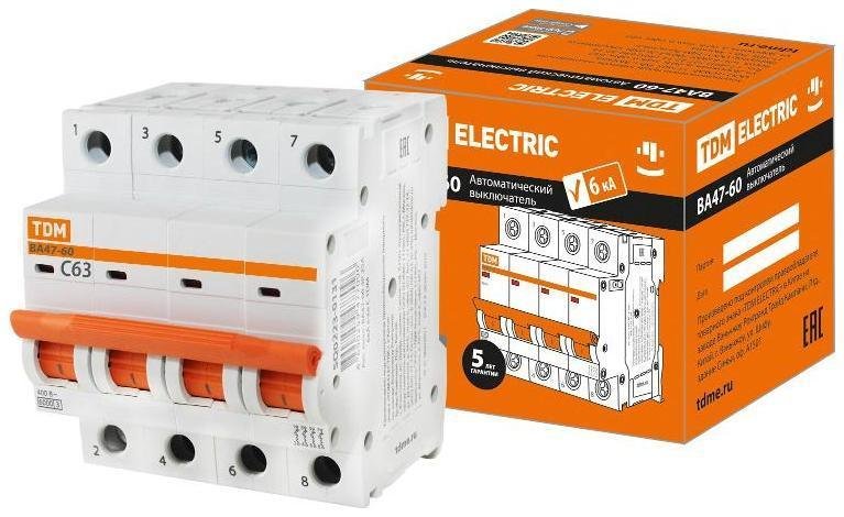 TDM electric SQ0223-0131 Выключатель автоматический четырехполюсный ВА47-60 4Р 63А 6кА х-ка С
