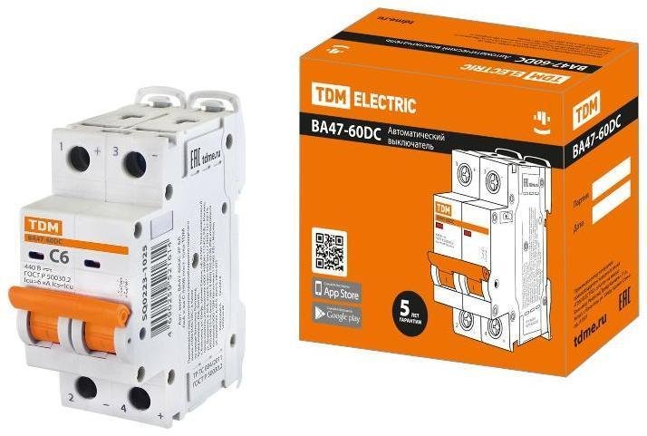 TDM electric SQ0223-1025 Выключатель автоматический двухполюсный ВА47-60DC 2P 6А 6кА х-ка С