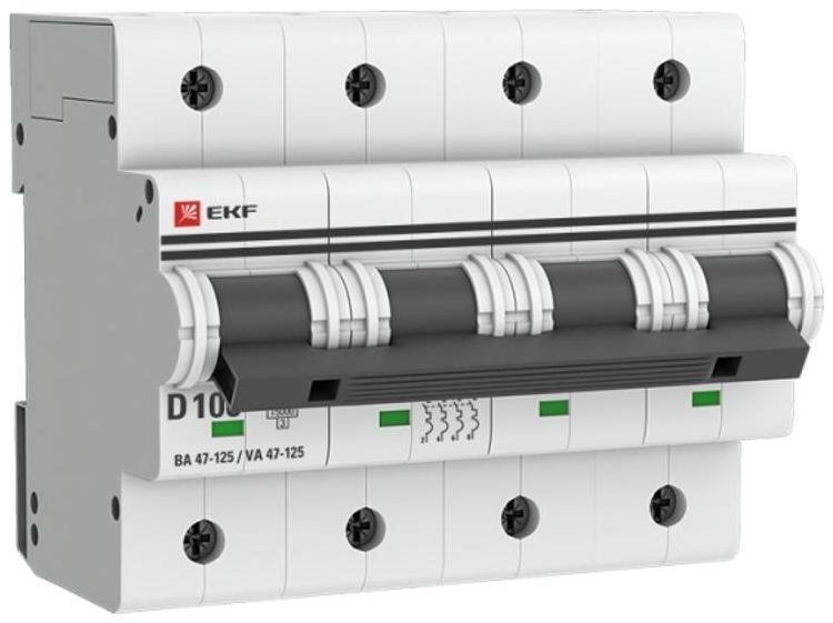 EKF mcb47125-4-100D Выключатель автоматический четырехполюсный ВА 47-125 100А D 15кА PROxima [в упаковке 18, цена за 1 шт]