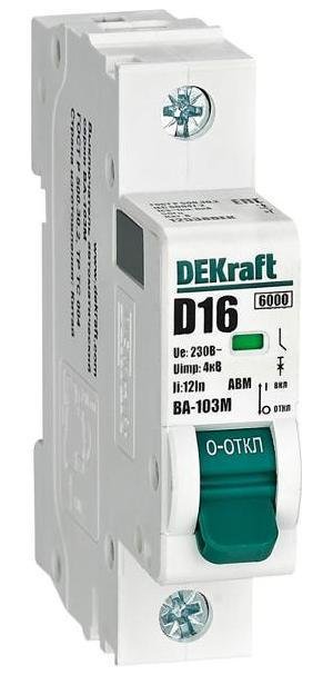 DEKraft 12538DEK Выключатель автоматический без теплозащиты однополюсный ВА-103М 1P 16А характеристика D 6кА