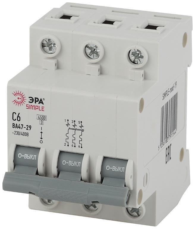 Эра Б0039236 Выключатель автоматический трехполюсный SIMPLE-mod-19 ВА47-29 3P 6А 4,5кА характеристика C SIMPLE