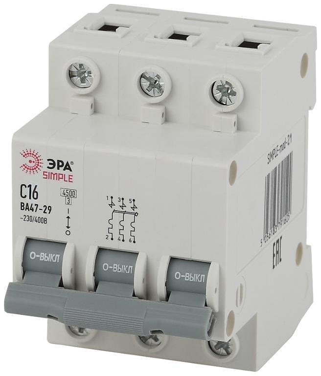 Эра Б0039238 Выключатель автоматический трехполюсный SIMPLE-mod-21 ВА47-29 3P 16А 4,5кА характеристика C SIMPLE