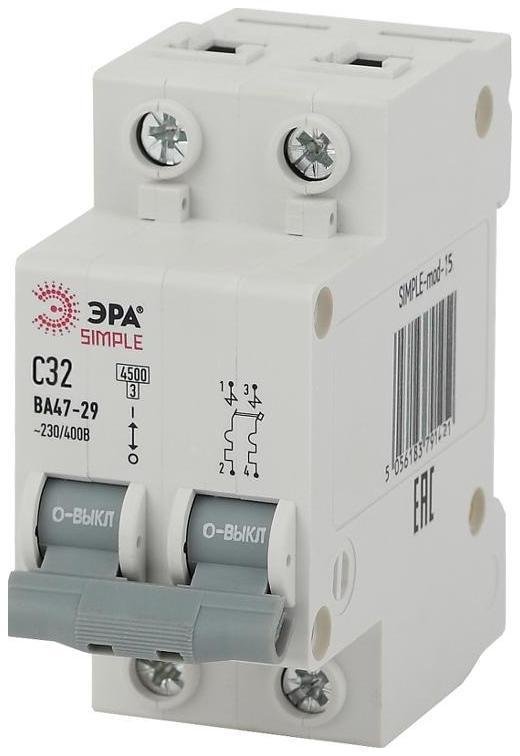 Эра Б0039232 Выключатель автоматический двуххполюсный SIMPLE-mod-15 ВА47-29 2P 32А 4,5кА характеристика C SIMPLE