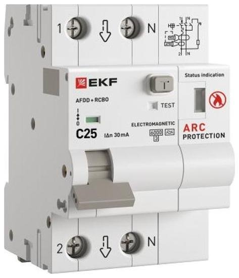 EKF afdd-rcbo-2-25C-30em-pro Устройство защиты от дугового пробоя с автоматическим выключателем дифференциального тока (УЗДП + АВДТ) 1P+N 25А 30мА характеристика С тип А 6 кА PROX