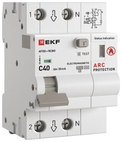 EKF afdd-rcbo-2-40C-30em-pro Устройство защиты от дугового пробоя с автоматическим выключателем дифференциального тока (УЗДП + АВДТ) 1P+N 40А 30мА характеристика С тип А 6 кА PROX