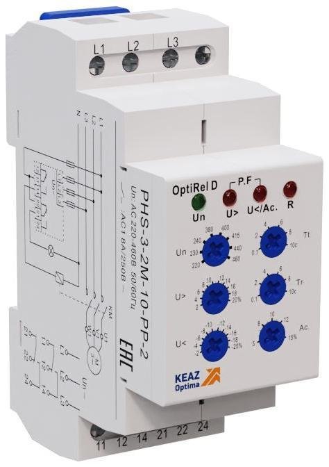 КЭАЗ 332003 Реле контроля фаз OptiRel D PHS-3-2M-10-PP-2 универсальное 3Ф 2СО