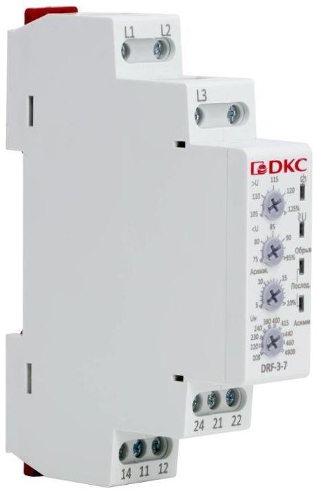 DKC DRF-3-7 Реле контроля фаз, 3 фазы, тип DRF, контроль напряжения, обрыва фаз, чередования фаз, асимметрии, конфигурация контакта 2C