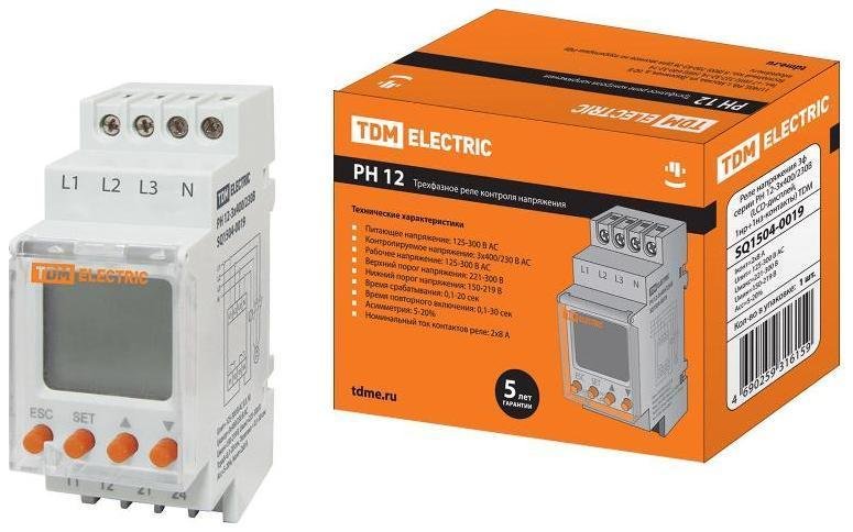 TDM electric SQ1504-0019 Реле напряжения РН 12-3х400/230В (LCD-дисплей, 1нр+1нз-контакты)