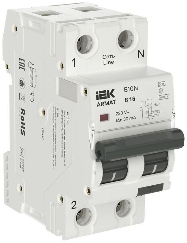 IEK AR-B10N-1N-B016A030 Выключатель автоматический дифференциального тока 2п (1P+NP) B 16 30мА тип A АВДТ B10N 36мм ARMAT