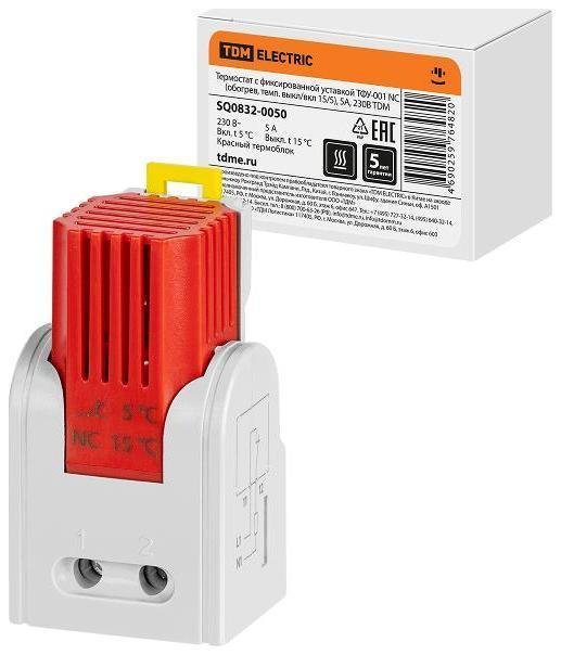 TDM electric SQ0832-0050 Термостат с фиксированной уставкой ТФУ-001 NC (обогрев, темп. выкл/вкл 15/5), 5 А, 230 В