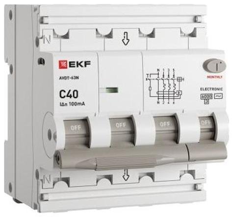 EKF D63N46E40C100 Выключатель автоматический дифференциального тока АВДТ-63N 3P+N 40А 100мА C тип AC электронный 6кА PROXIMA