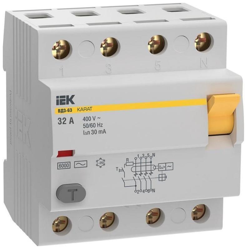 IEK MDV20-4-032-030 Выключатель дифференциальный (УЗО) ВД3-63 4P 32А 30мА 6кА тип АС KARAT