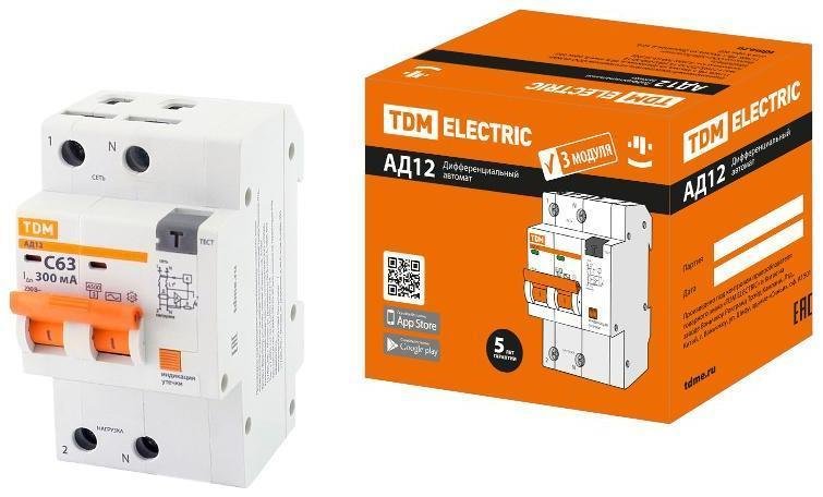 TDM electric SQ0204-0125 Выключатель автоматический дифференциального тока АД12 2P, C63, 300мА, 4,5кА, тип АС, 3 мод