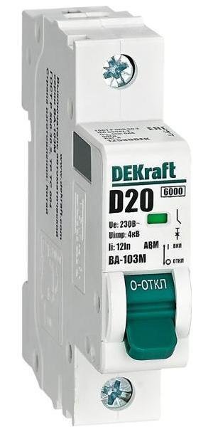 DEKraft 12539DEK Выключатель автоматический без теплозащиты однополюсный ВА-103М 1P 20А характеристика D 6кА