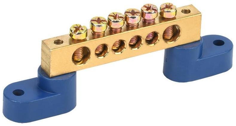 Rexant 11-2332 Шина "N" нулевая 8х12 мм на двух угловых синих изоляторах 6 групп