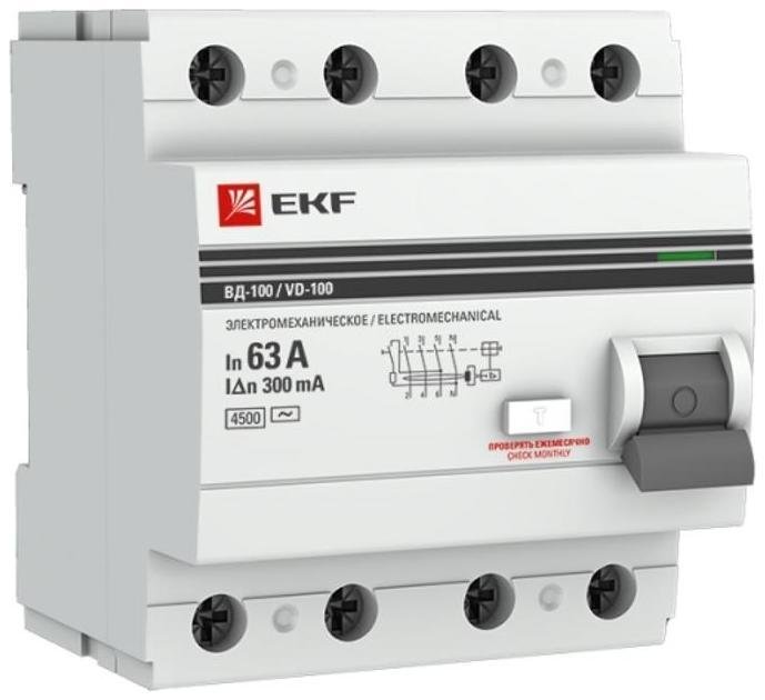EKF elcb-4-63-300-em-pro Выключатель дифференциальный (УЗО) ВД-100 4п 63А 300мА (тип АС) PROximа