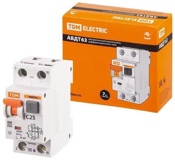 TDM electric SQ0202-0004 Выключатель автоматический дифференциального тока АВДТ 63 1п+N 25А C 30мА тип A