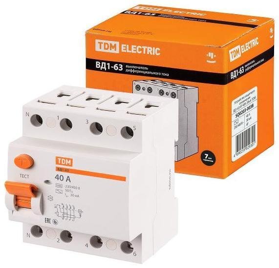 TDM electric SQ0203-0038 Выключатель дифференциальный (УЗО) ВД1-63 4п 40А 30мА тип AC