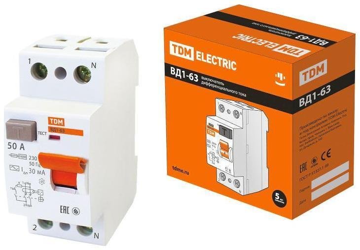 TDM electric SQ0203-0016 Выключатель дифференциальный (УЗО) ВД1-63 2п 50А 30мА тип AC
