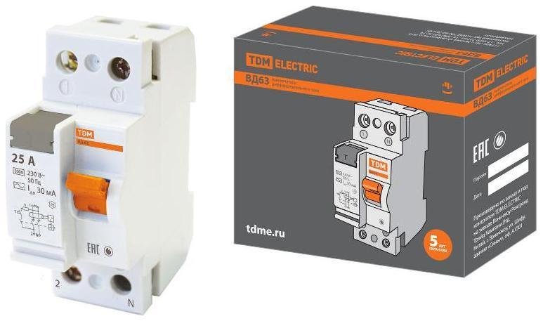 TDM electric SQ0220-0002 Выключатель дифференциальный (УЗО) ВД63 2п 25А 30мА тип AC (электронный)